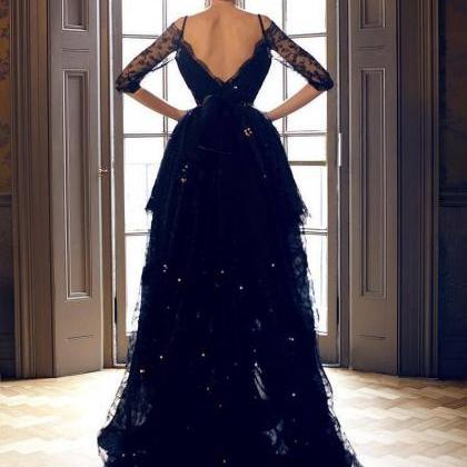 Lace Half Long Sleeves Prom Dresses Black Layered..