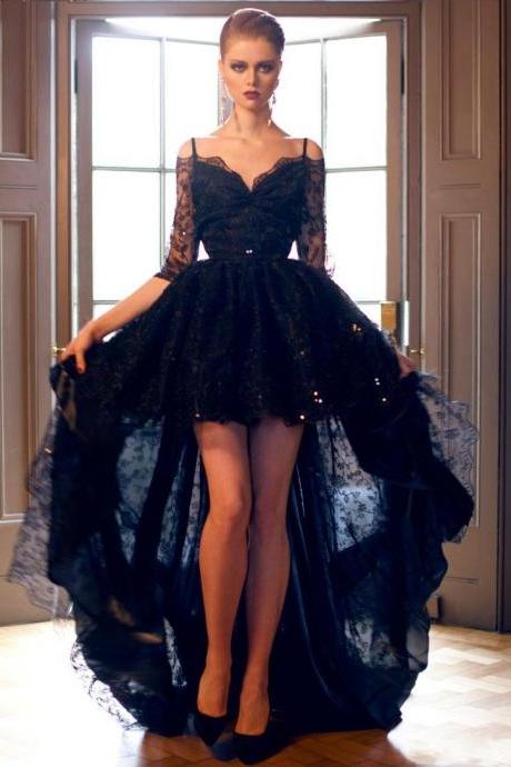 Lace Half Long Sleeves Prom Dresses Black Layered Straps Short Evening Gowns